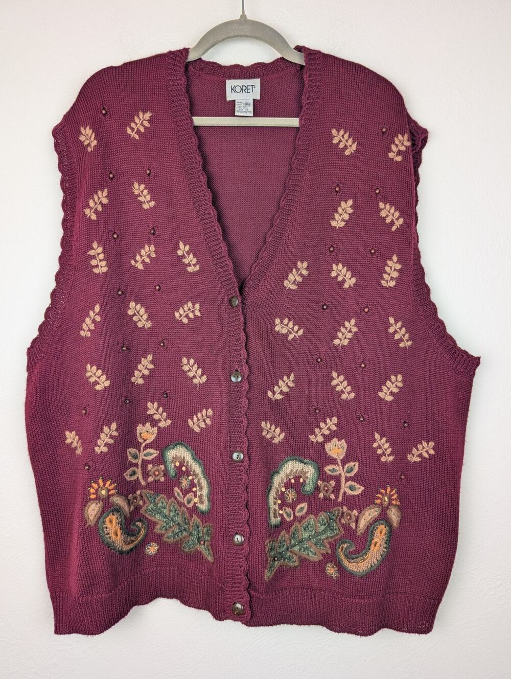 Koret Sweater Vest Embroidered Beaded Floral Cottagecore Vintage Wool Size 3X